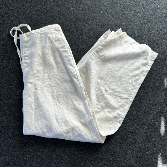 Real Comfort Pants - Real Comfort Womens Cream 100% Linen Wide Leg Button Fly Drawstring Pants Size 4